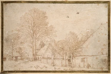 Edifícios de colmo, quase árvores nuas e um bando de gansos (caneta e tinta sobre papel)