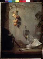 "Still life Onions, kitchen table and glass jar" Pintura de Christopher Paudiss (1630-1666) 1660 Dim. 62x46,5 cm Museu Hermitage, São Petersburgo