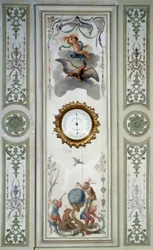 Painel da grande sala de estar do Chateau de Champs sur Marne com barômetro e chinoiserie. Decoração de parede pintada por Christophe Huet (1700-1759)