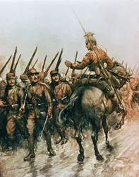 Lanceiro do Corpo de Guias belga a passar pela infantaria francesa em marcha para a frente em 1914