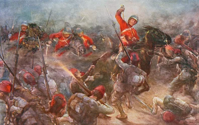 A carga da cavalaria Drury Lowes em Kassassin, 28 de agosto de 1882, ilustração de Batalhas britânicas em terra e no mar, editado por Sir Evelyn Wood (1838-1919), 1915