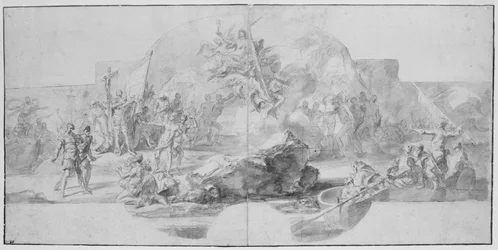O desembarque de Colombo na América, estudo para uma pintura (destruída em 1777) para a Sala del Minor Consiglio, Palazzo Ducale, Gênova