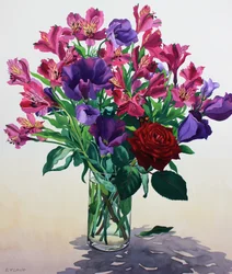 Flores com rosa vermelha (aquarela sobre papel)