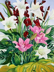 Lírios e Bullrushes (aquarela sobre papel)