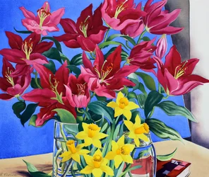 Magenta Lilies and Daffodils (aguarela sobre papel)