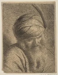 Busto de um homem em um turbante emplumado e barba longa.n.d.