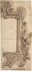 Projeto para meia moldura decorada com anjos, volutas e guirlandas., 1634-89.