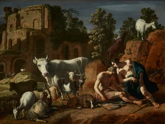 Holandês: Mercúrio prepara-se para decapitar o Argus adormecido Mercúrio e Argus rodeados de animais numa paisagem