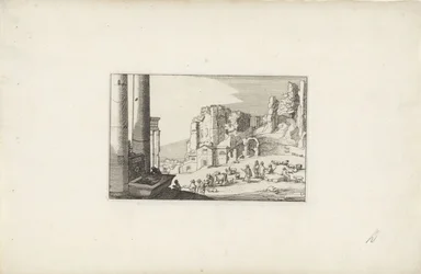 Paisagem montanhosa com fonte e pastores Paisagens italianas com ruínas (título da série) Variae antiquitates Romanae (título da série no objeto)