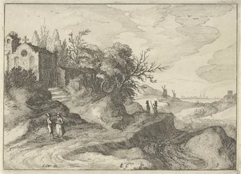 Capela em uma estrada sinuosa Paisagens holandesas (título da série) Amaeniores Aliquot Regiunculae (título da série no objeto)