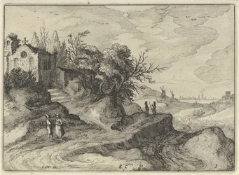 Capela em uma estrada sinuosa Paisagens holandesas (título da série) Amaeniores Aliquot Regiunculae (título da série no objeto)