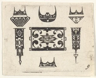 Gravura de bordado preto com nove motivos, c. 1620.