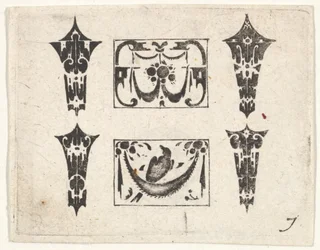 Gravura de bordado negro com dois painéis horizontais e quatro engastes, c. 1620