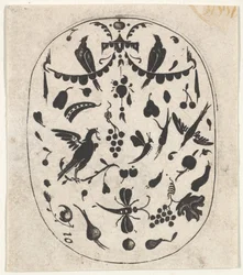 Gravura oval de bordado negro com aves, insectos e frutos, c. 1620