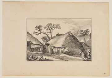 Dois celeiros, carroça à esquerda, de Paisagens (Verscheyden aerdige Lanthuysen...)