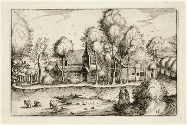 Uma lagoa, placa dezoito depois de Quadros de quintas, casas de campo e aldeias rústicas (Praediorum villarum et rusticarum casularum icones)
