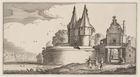 Baluarte e porta de cidade sobre um rio, de Paisagens (Playsante Lantschappen)