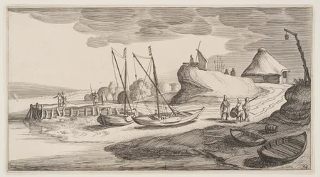 Barcos em terra perto de uma torre de vigia, de Paisagens (Playsante Lantschappen)
