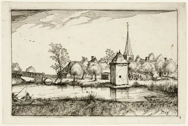 Lagoa e aldeia, placa quinze depois de Quadros de quintas, casas de campo e aldeias rústicas (Praediorum villarum et rusticarum casularum icones)