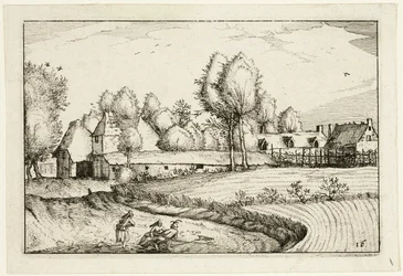 Estrada ao longo de um campo, placa dezasseis depois de Quadros de quintas, casas de campo e aldeias rústicas (Praediorum villarum et rusticarum casularum icones)