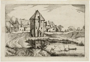 A lagoa, placa nove depois de Quadros de quintas, casas de campo e aldeias rústicas (Praediorum villarum et rusticarum casularum icones)