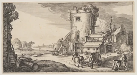 Torre de vigia perto de um rio, de Paisagens (Playsante Lantschappen)