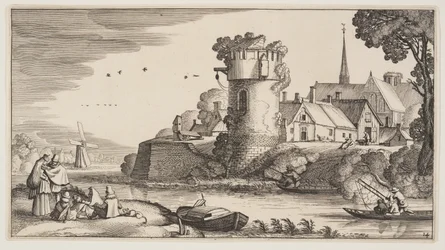 Torre de vigia junto a um rio, de Paisagens (Playsante Lantschappen)