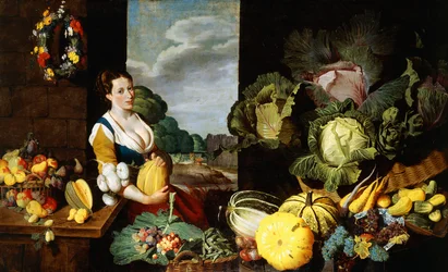 Uma jovem em uma banca de frutas e legumes