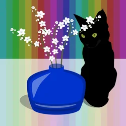 Jarra de vidro azul com flor e gato preto