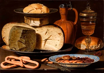 Holandês: Natureza morta com queijos, amêndoas e pretzels Natureza morta com queijos, amêndoas e pretzels