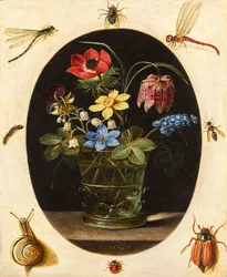 Natureza morta com flores rodeadas de insectos e um caracol