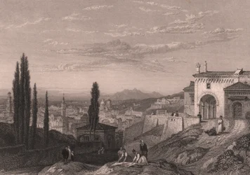 Vista panorâmica da cidade de Verona a partir da Igreja de San Zeno in Monte, Veneto, Itália, gravura em metal aço de S Fisher segundo desenho de Clarkson Stanfield (1793-1867), cerca de 14x12 cm