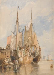 Navios de pesca holandeses por um cais