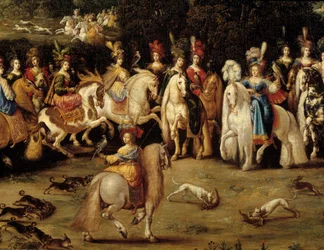 Os quatro elementos. O detalhe aéreo: Falcão de caça Ecuyere. Pintura de Claude Deruet (1588-1662)
