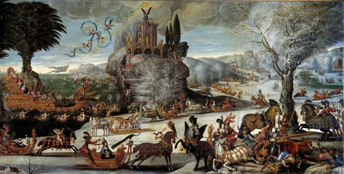 Os quatro elementos: Cena de água paisagem de inverno, o rei Luís XIII está representado em Neptuno, Ana da Áustria em Anfiitre, Príncipe e futuro rei Luís XIV em um barco. Pintura de Claude Deruet (1588-1662). Dim. 2,27 x 1,12 m. 1640-1641. Orleans. Museu