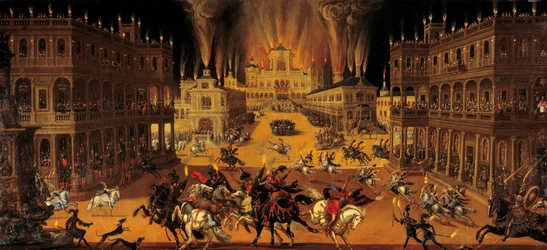 Os quatro elementos: fogo. Espectáculo e torneio equestre na época de Luís XIII. À direita o rei da fantasia participa do espectáculo a cavalo, enquanto o Cardeal Richelieu observa a cena a partir de uma varanda. Pintura de Claude Deruet (1588-1662) 1640 O