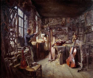 Um restaurador na sua oficina cheia de instrumentos. Pintura de Claude Firmin (1864-1944) 1896 Avignon musee Calvet Attention! A utilização desta obra pode ser sujeita a um pedido de autorização de terceiros ou a taxas adicionais