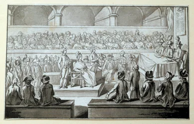 Rainha da França Maria Antonieta perante o Tribunal Revolucionário: dias de 14,15,16/10/1793 O advogado que defendeu seu caso é Claude François Chauveau-Lagarde (1756-1841). Desenho em tinta preta Dim. 0,097x0,15m. Paris, Museu do Louvre