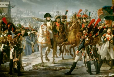 O imperador Napoleão I (1769-1821) albergou o 2º Corpo da Grande Armee na ponte de Lech antes do ataque de Augsburg 12/10/1805 Pintura de Claude Gautherot (1769-1825) 1808 Sol. 3,85x6,2 m