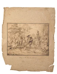 Les quatre âges de la vie: Sete figuras em um jardim, uma cavando com uma pá (caneta e tinta marrom)