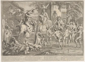 Sabá das bruxas numa paisagem noturna, com um necromante sentado ao centro, na parte superior, c. 1700-1720