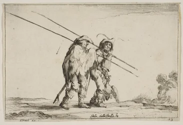 Ilustração 13: Dois pikemen caminhando em direção à direita, cada um com seus piques na mão direita ..., 1642.