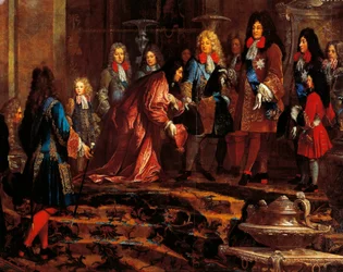 Luís XIV recebendo a submissão, Doge de Génova em Maio de 1685, pintura de Claude-Guy Halle (1652 a 1736), c.1710 (óleo sobre tela)