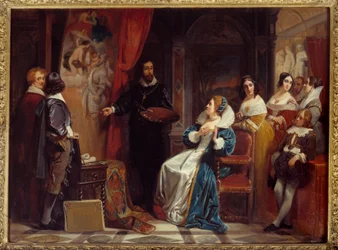 Rainha da França Marie de Medicis (1573-1642) visitando a oficina do pintor Pierre Paul (Pierre-Paul) Rubens (ou Peter Paul ou Petrus Paulus) (1577-1640). Pintura de Claudius Jacquand (1804-1878)