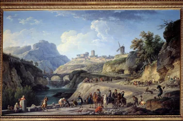 Construção de uma grande estrada. Obra de construção de uma estrada. Pintura de Joseph Vernet (1714-1789). Dimensões: 0,97 x 1,62 m.