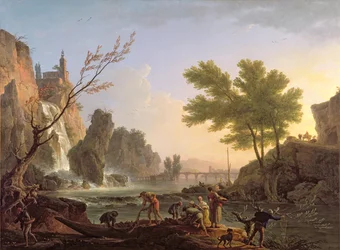 Pescador, em, um, paisagem, com, um, cascata, e, um, ponte