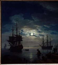Pesca ao luar Vista nocturna de um porto. Detalhe. Pintura de Joseph Vernet (1714-1789) 1773 Paris, Musee du Louvre