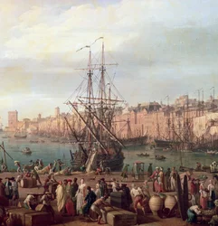 Vista de manhã do porto interior de Marselha e o Pavilhão do Horloge du Parc, 1754 (detalhe de 156103)