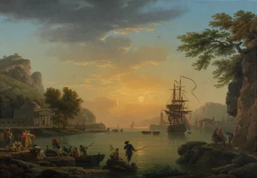 "Paysage au coucher de soleil avec retour de peche" (Uma paisagem ao pôr-do-sol com pescadores retornando com sua captura) Peinture de Claude Joseph Vernet (1714-1789) Óleo sobre tela 1773 Dim 114,5x164 cm Galeria Nacional, Londres