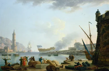 O lançamento do navio de guerra na foz de um porto, 1781